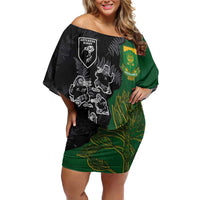 Custom Aotearoa South Africa Rugby Freedom Cup Family Matching Off Shoulder Short Dress and Hawaiian Shirt Kiwi Warriors Haka with King Protea Symbol LT03 Mom's Dress Green - Polynesian Pride