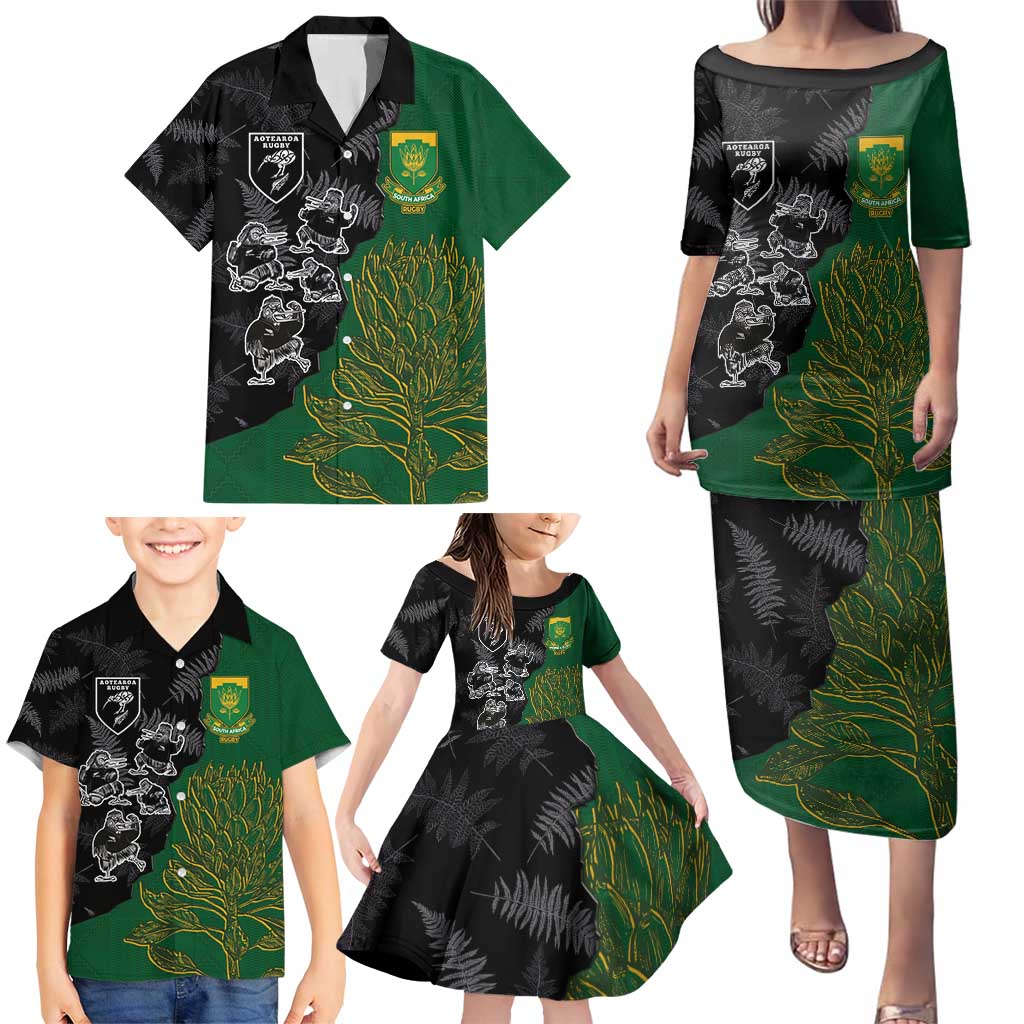 Custom Aotearoa South Africa Rugby Freedom Cup Family Matching Puletasi and Hawaiian Shirt Kiwi Warriors Haka with King Protea Symbol LT03 - Polynesian Pride
