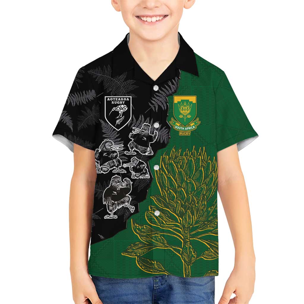 Custom Aotearoa South Africa Rugby Freedom Cup Family Matching Puletasi and Hawaiian Shirt Kiwi Warriors Haka with King Protea Symbol LT03 Son's Shirt Green - Polynesian Pride