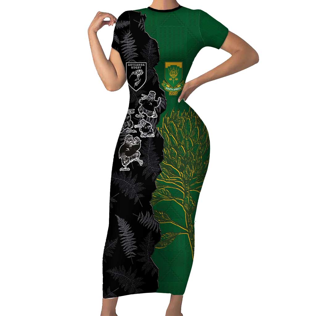Custom Aotearoa South Africa Rugby Freedom Cup Family Matching Short Sleeve Bodycon Dress and Hawaiian Shirt Kiwi Warriors Haka with King Protea Symbol LT03 Mom's Dress Green - Polynesian Pride