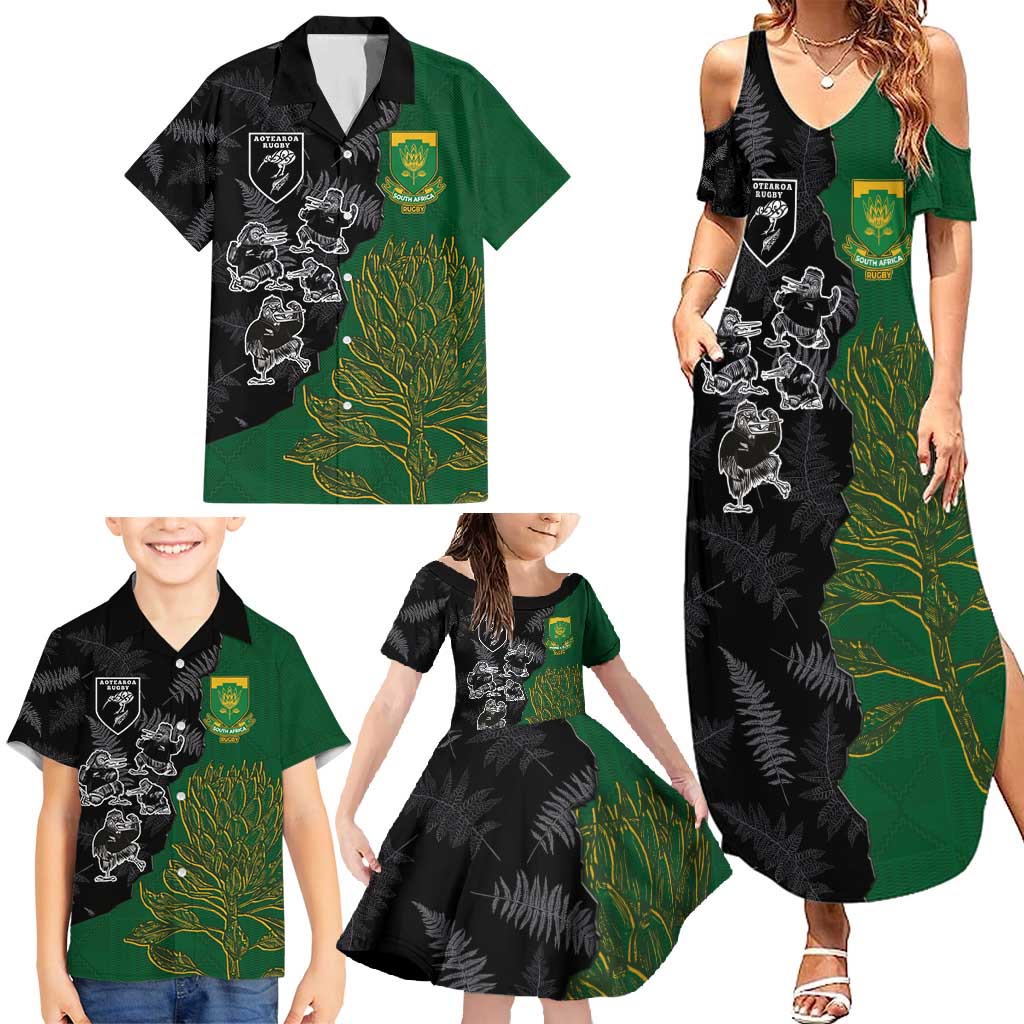 Custom Aotearoa South Africa Rugby Freedom Cup Family Matching Summer Maxi Dress and Hawaiian Shirt Kiwi Warriors Haka with King Protea Symbol - Polynesian Pride
