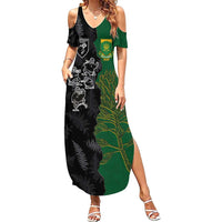Custom Aotearoa South Africa Rugby Freedom Cup Family Matching Summer Maxi Dress and Hawaiian Shirt Kiwi Warriors Haka with King Protea Symbol LT03 Mom's Dress Green - Polynesian Pride