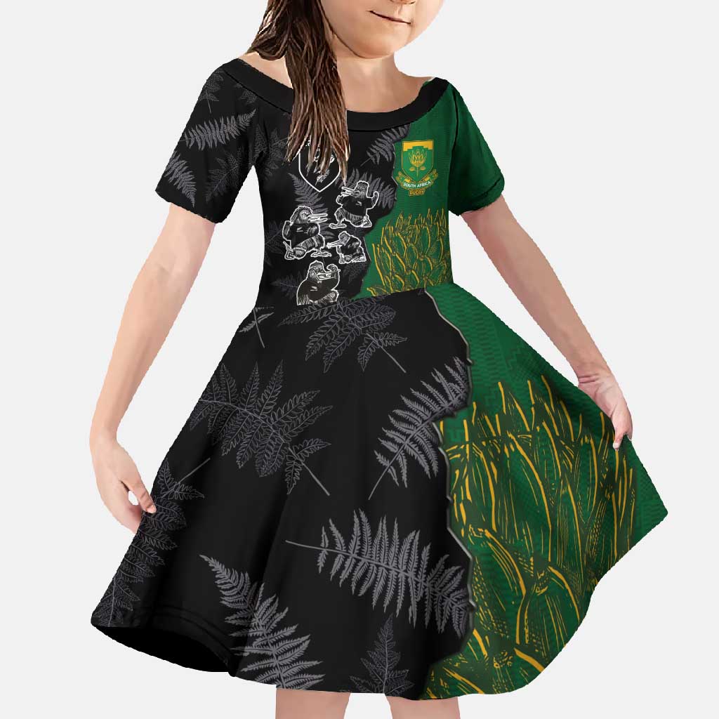 Custom Aotearoa South Africa Rugby Freedom Cup Family Matching Tank Maxi Dress and Hawaiian Shirt Kiwi Warriors Haka with King Protea Symbol LT03 Daughter's Dress Green - Polynesian Pride