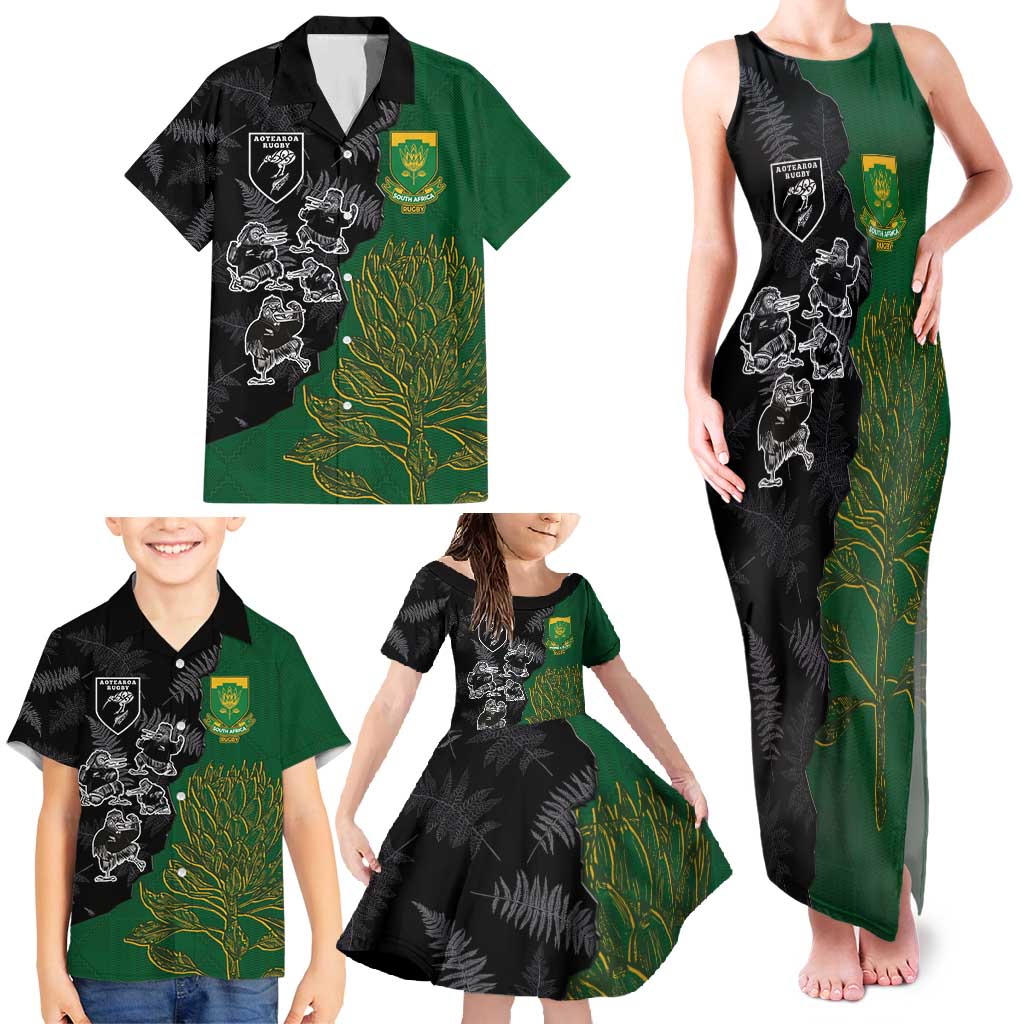 Custom Aotearoa South Africa Rugby Freedom Cup Family Matching Tank Maxi Dress and Hawaiian Shirt Kiwi Warriors Haka with King Protea Symbol - Polynesian Pride