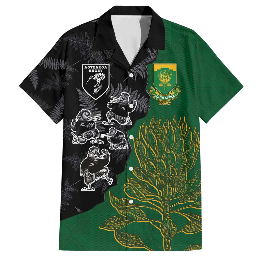 Custom Aotearoa South Africa Rugby Freedom Cup Family Matching Tank Maxi Dress and Hawaiian Shirt Kiwi Warriors Haka with King Protea Symbol LT03 Dad's Shirt - Short Sleeve Green - Polynesian Pride