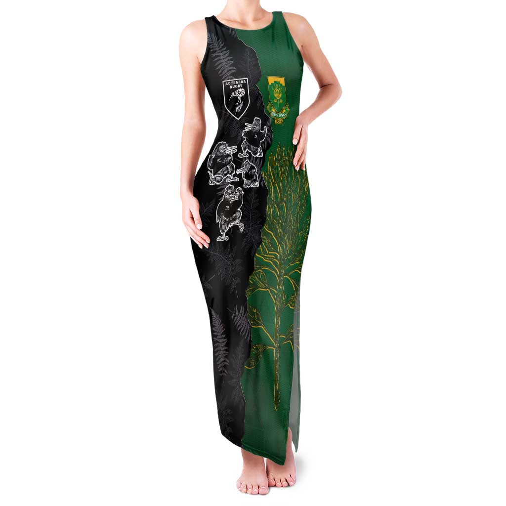 Custom Aotearoa South Africa Rugby Freedom Cup Family Matching Tank Maxi Dress and Hawaiian Shirt Kiwi Warriors Haka with King Protea Symbol LT03 Mom's Dress Green - Polynesian Pride
