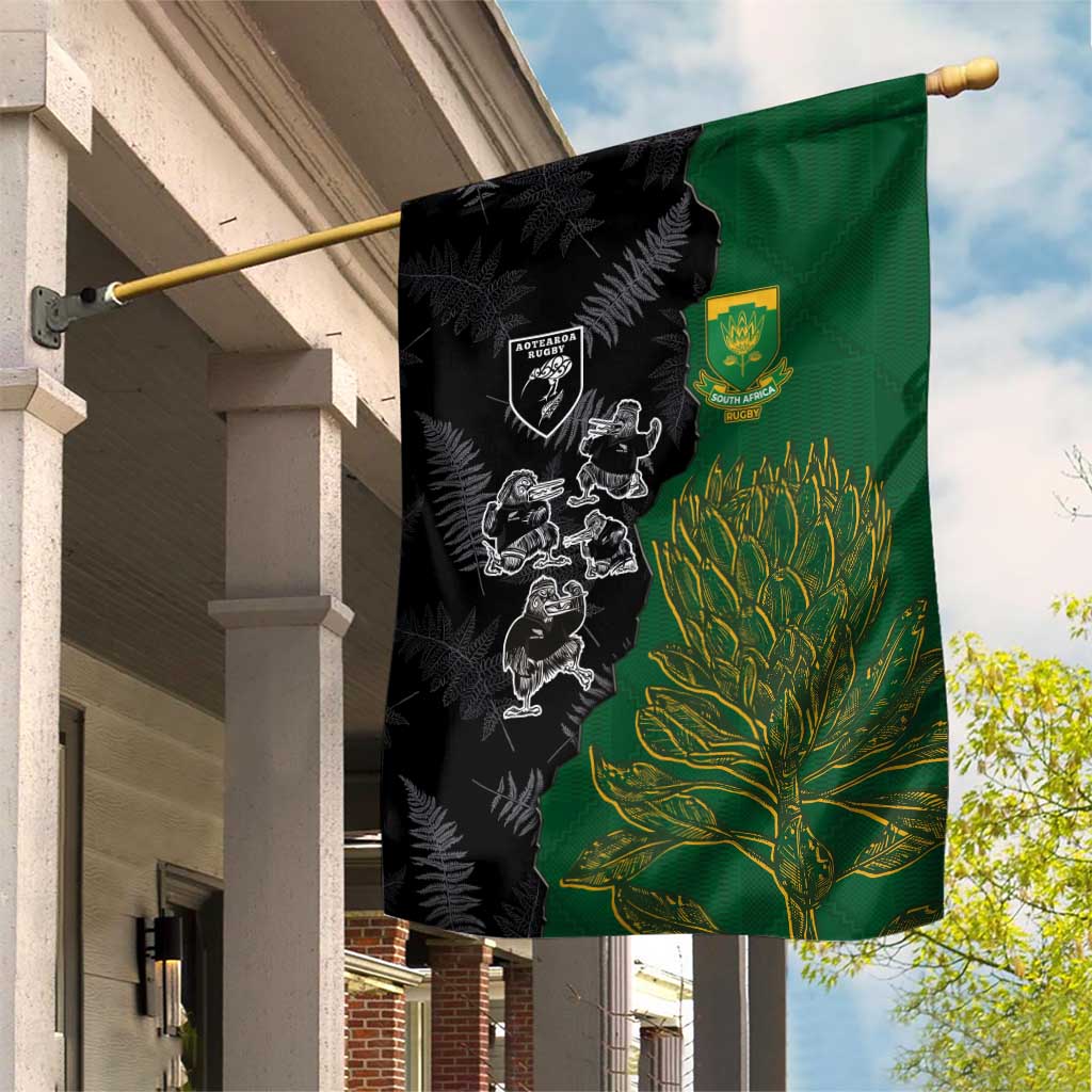 Aotearoa South Africa Rugby Freedom Cup Garden Flag Kiwi Warriors Haka with King Protea Symbol - Polynesian Pride