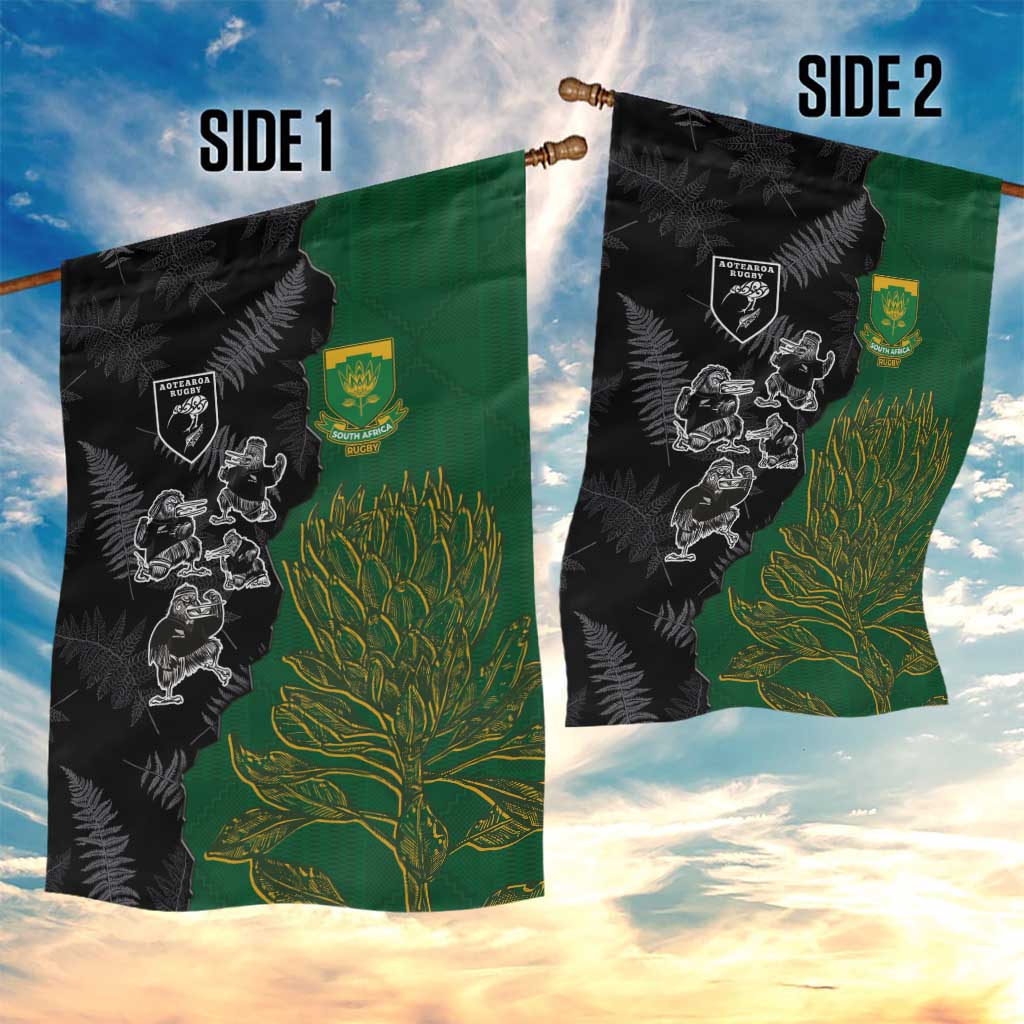 Aotearoa South Africa Rugby Freedom Cup Garden Flag Kiwi Warriors Haka with King Protea Symbol - Polynesian Pride