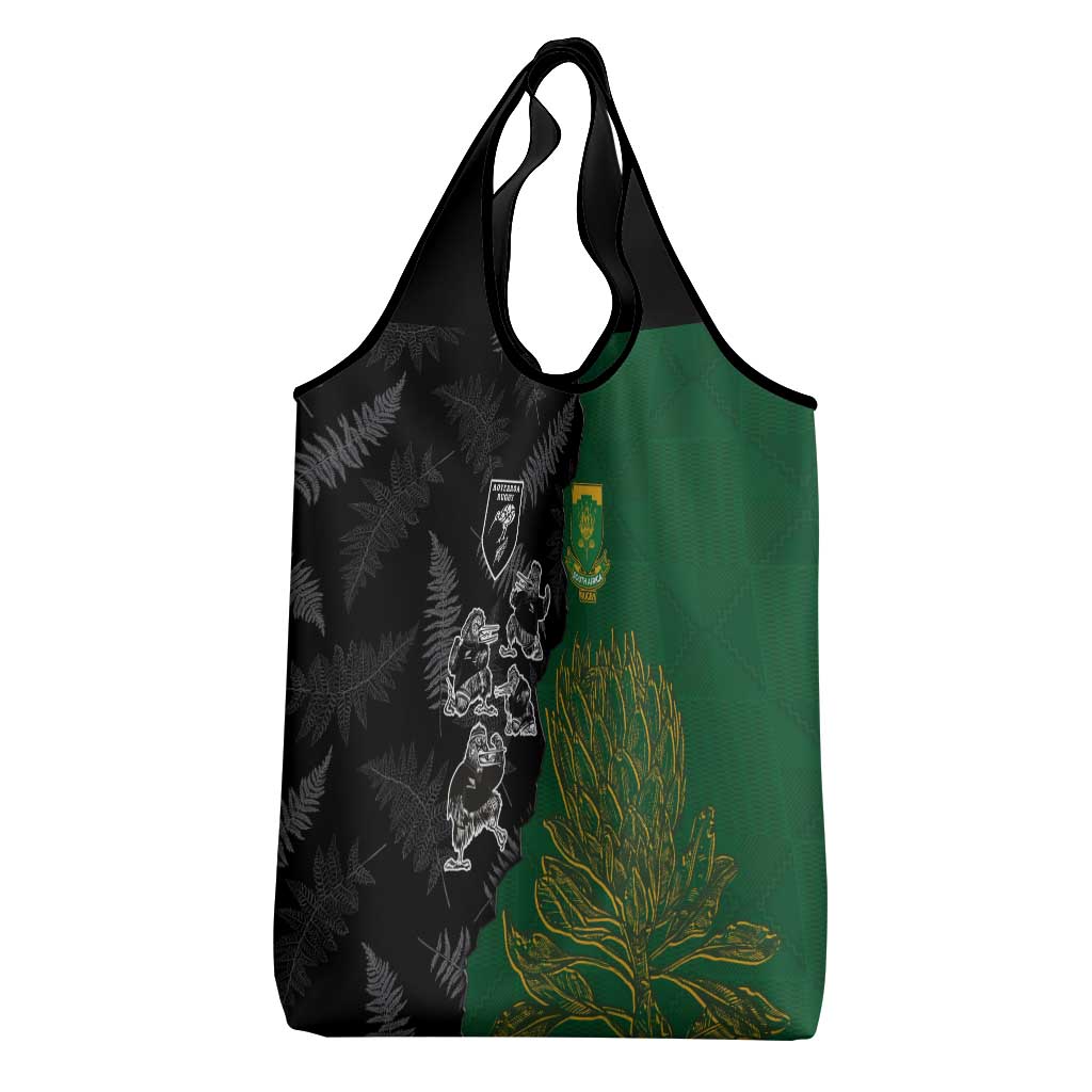 Aotearoa South Africa Rugby Freedom Cup Grocery Bag Kiwi Warriors Haka with King Protea Symbol - Polynesian Pride