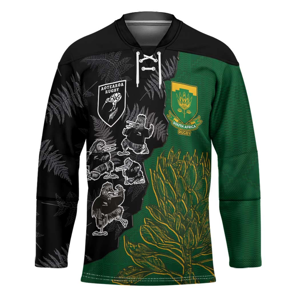 Custom Aotearoa South Africa Rugby Freedom Cup Hockey Jersey Kiwi Warriors Haka with King Protea Symbol - Polynesian Pride