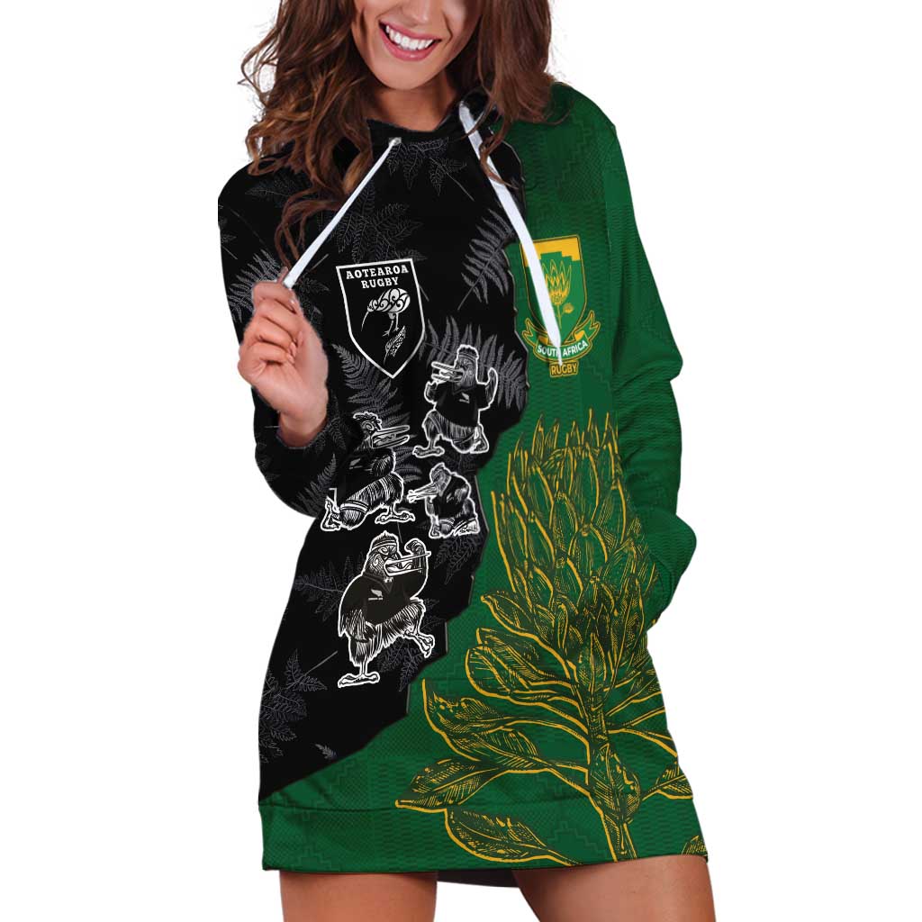 Custom Aotearoa South Africa Rugby Freedom Cup Hoodie Dress Kiwi Warriors Haka with King Protea Symbol LT03 Green - Polynesian Pride