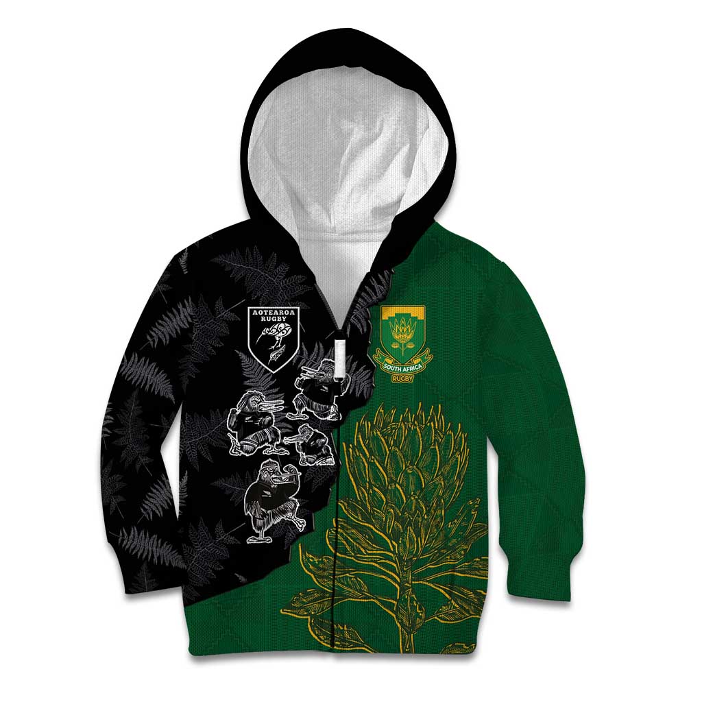 Custom Aotearoa South Africa Rugby Freedom Cup Kid Hoodie Kiwi Warriors Haka with King Protea Symbol - Polynesian Pride