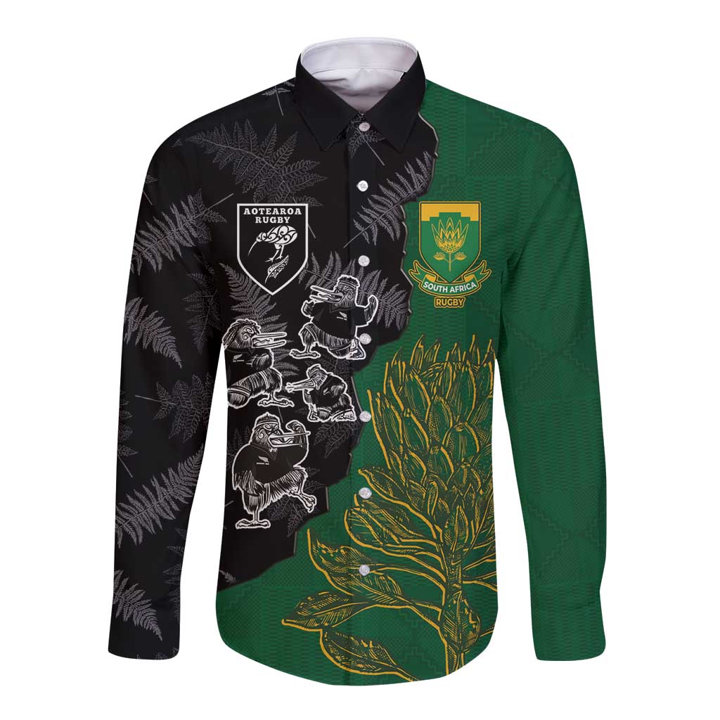 Custom Aotearoa South Africa Rugby Freedom Cup Long Sleeve Button Shirt Kiwi Warriors Haka with King Protea Symbol LT03 Unisex Green - Polynesian Pride