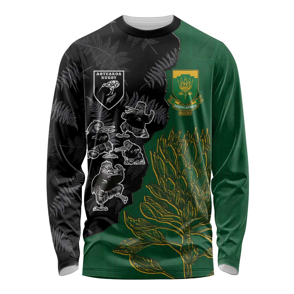Custom Aotearoa South Africa Rugby Freedom Cup Long Sleeve Shirt Kiwi Warriors Haka with King Protea Symbol - Polynesian Pride