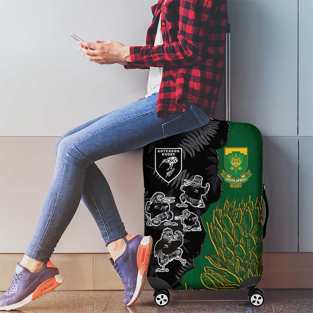 Aotearoa South Africa Rugby Freedom Cup Luggage Cover Kiwi Warriors Haka with King Protea Symbol - Polynesian Pride