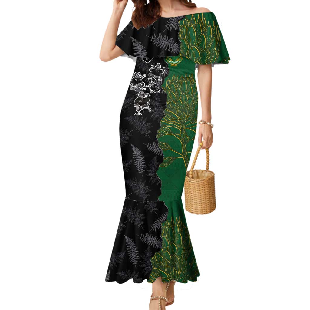 Custom Aotearoa South Africa Rugby Freedom Cup Mermaid Dress Kiwi Warriors Haka with King Protea Symbol - Polynesian Pride