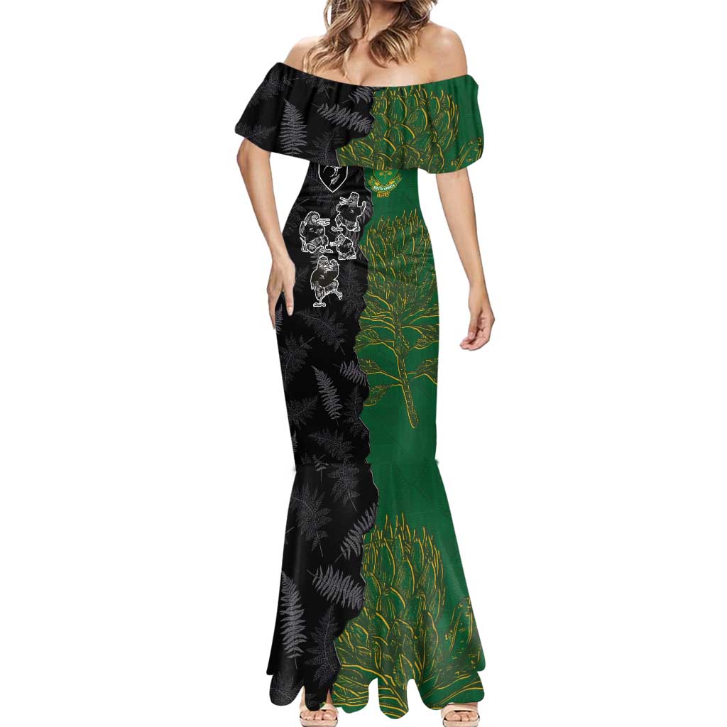 Custom Aotearoa South Africa Rugby Freedom Cup Mermaid Dress Kiwi Warriors Haka with King Protea Symbol - Polynesian Pride