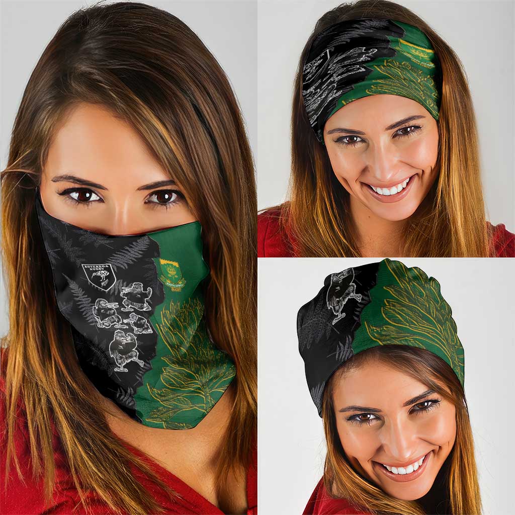 Aotearoa South Africa Rugby Freedom Cup Neck Gaiter Kiwi Warriors Haka with King Protea Symbol - Polynesian Pride