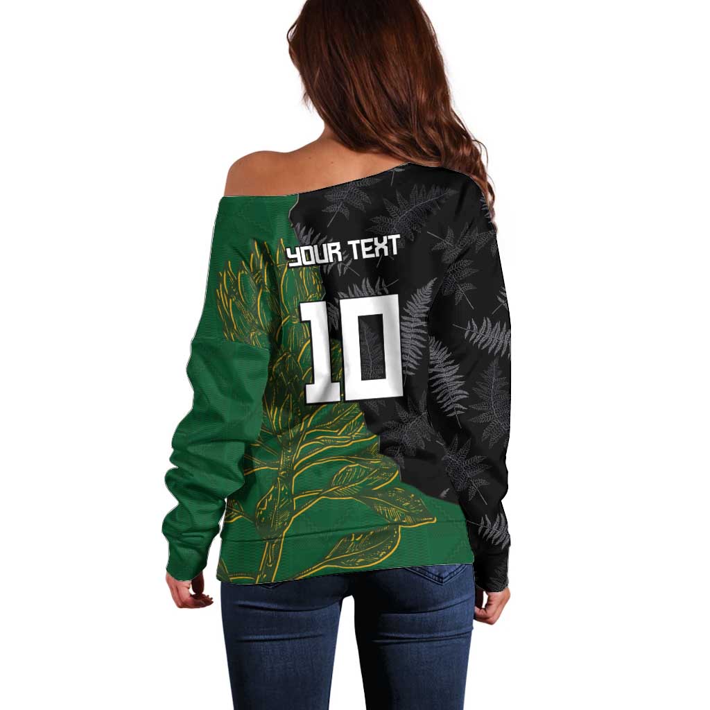 Custom Aotearoa South Africa Rugby Freedom Cup Off Shoulder Sweater Kiwi Warriors Haka with King Protea Symbol - Polynesian Pride