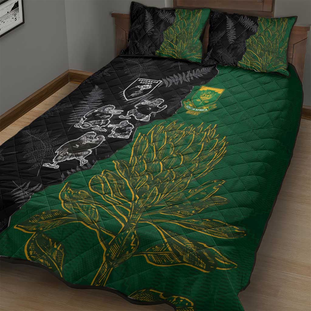 Aotearoa South Africa Rugby Freedom Cup Quilt Bed Set Kiwi Warriors Haka with King Protea Symbol - Polynesian Pride