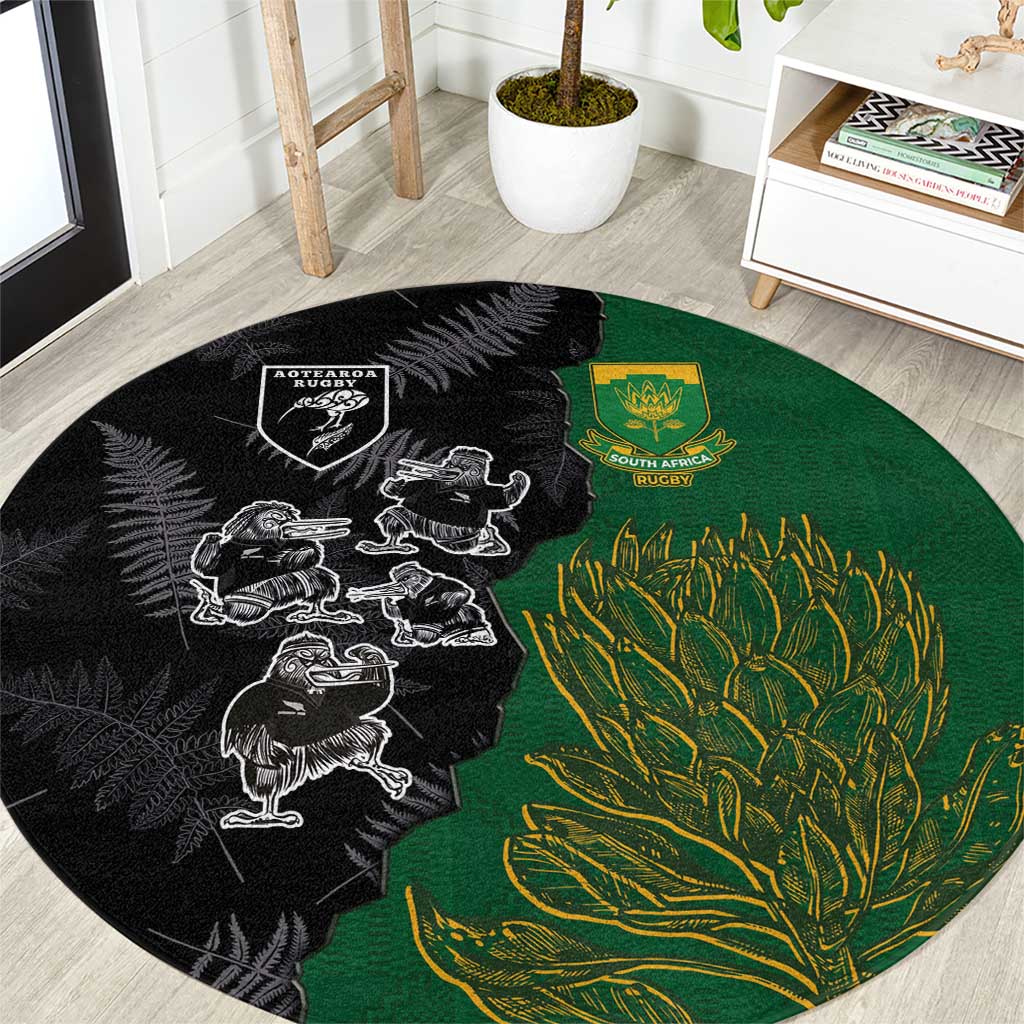 Aotearoa South Africa Rugby Freedom Cup Round Carpet Kiwi Warriors Haka with King Protea Symbol - Polynesian Pride