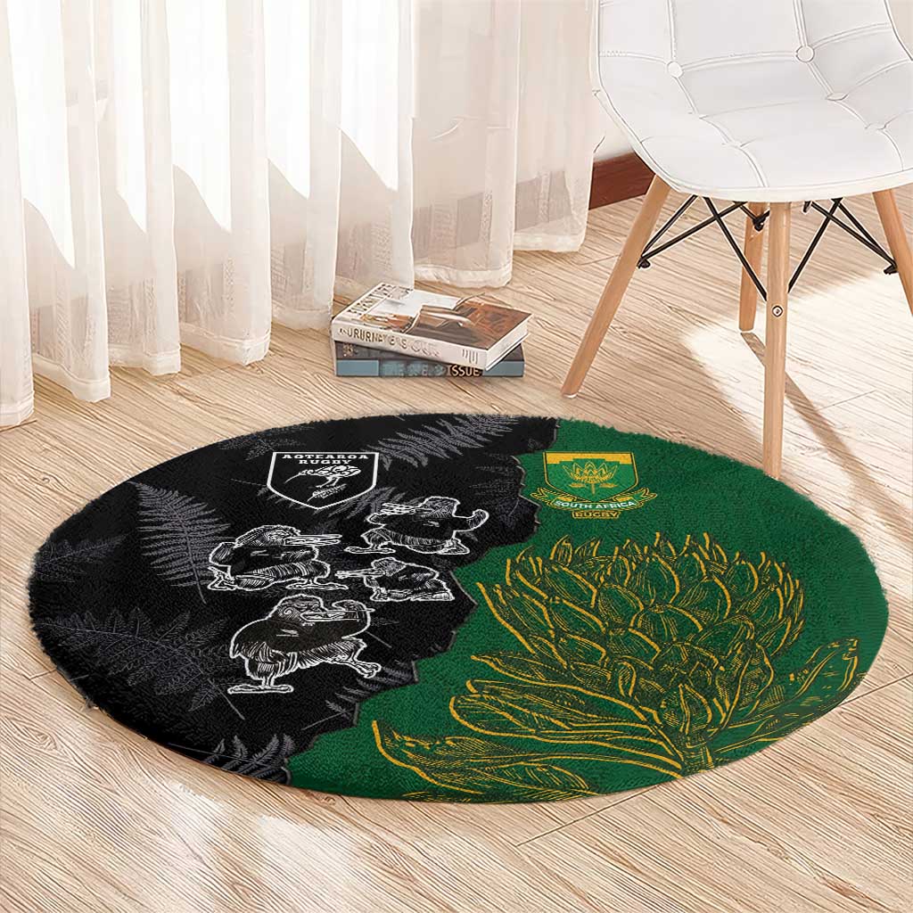 Aotearoa South Africa Rugby Freedom Cup Round Carpet Kiwi Warriors Haka with King Protea Symbol - Polynesian Pride