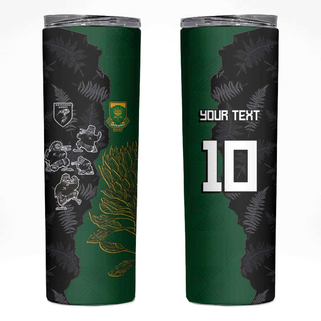Custom Aotearoa South Africa Rugby Freedom Cup Skinny Tumbler Kiwi Warriors Haka with King Protea Symbol LT03 Green - Polynesian Pride
