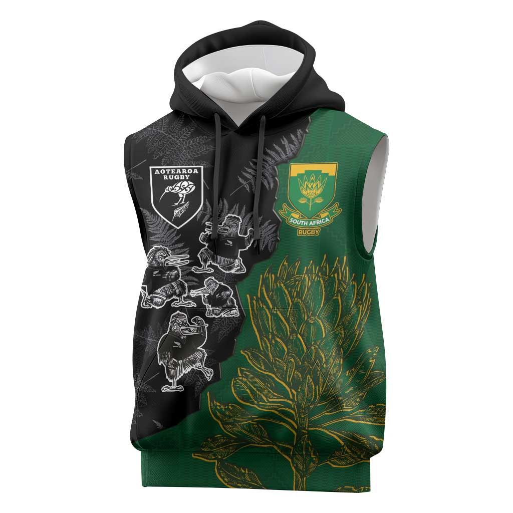 Custom Aotearoa South Africa Rugby Freedom Cup Sleeveless Hoodie Kiwi Warriors Haka with King Protea Symbol - Polynesian Pride