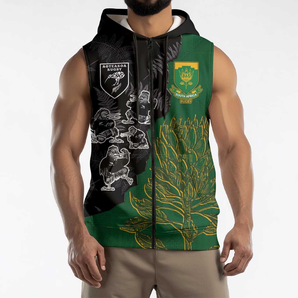Custom Aotearoa South Africa Rugby Freedom Cup Sleeveless Zip Hoodie Kiwi Warriors Haka with King Protea Symbol - Polynesian Pride