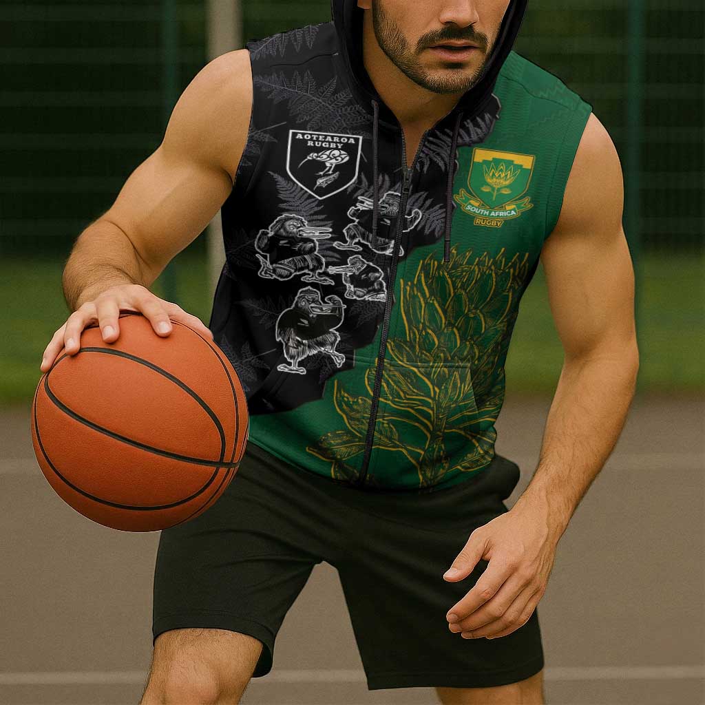 Custom Aotearoa South Africa Rugby Freedom Cup Sleeveless Zip Hoodie Kiwi Warriors Haka with King Protea Symbol - Polynesian Pride