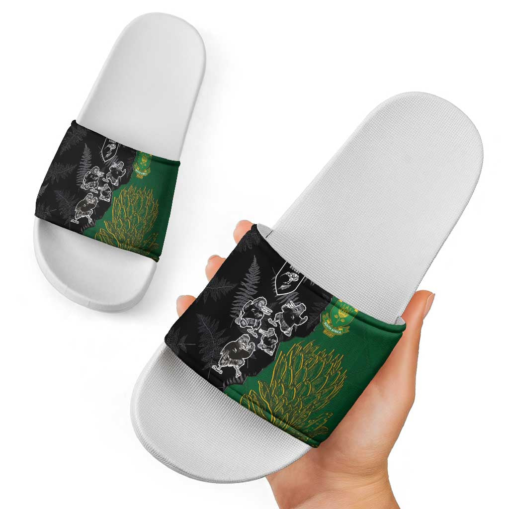 Aotearoa South Africa Rugby Freedom Cup Slide Sandals Kiwi Warriors Haka with King Protea Symbol - Polynesian Pride