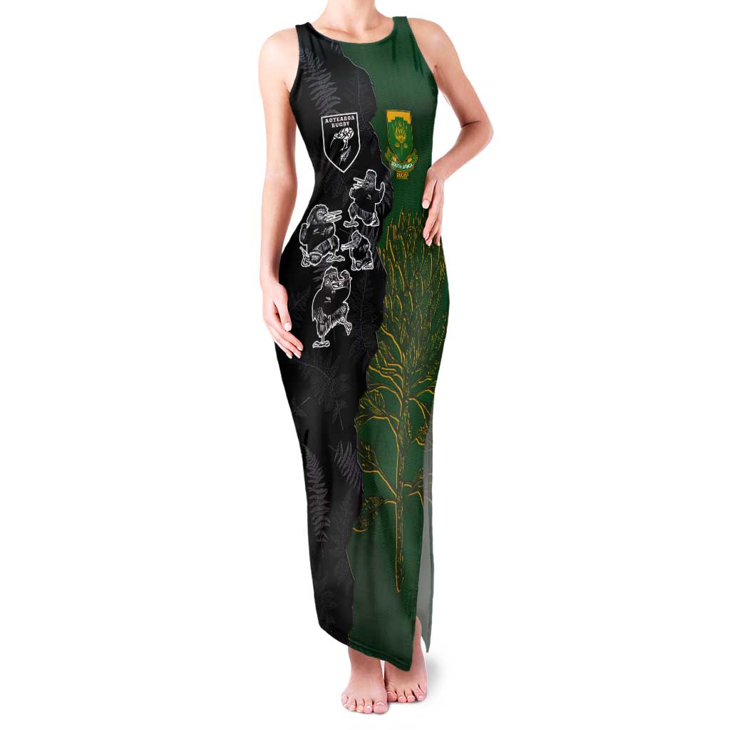 Custom Aotearoa South Africa Rugby Freedom Cup Tank Maxi Dress Kiwi Warriors Haka with King Protea Symbol - Polynesian Pride