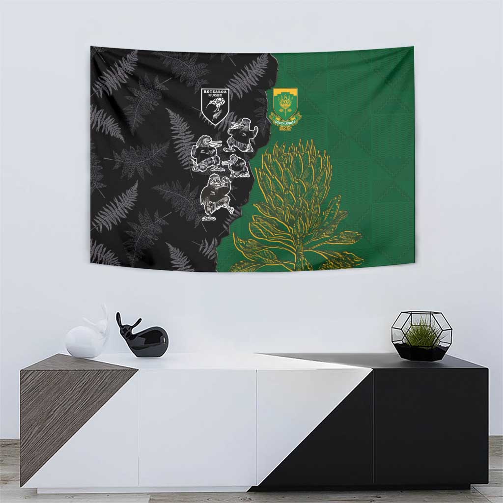 Aotearoa South Africa Rugby Freedom Cup Tapestry Kiwi Warriors Haka with King Protea Symbol - Polynesian Pride