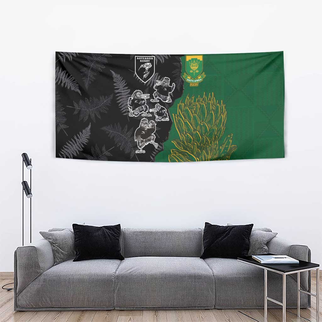 Aotearoa South Africa Rugby Freedom Cup Tapestry Kiwi Warriors Haka with King Protea Symbol - Polynesian Pride