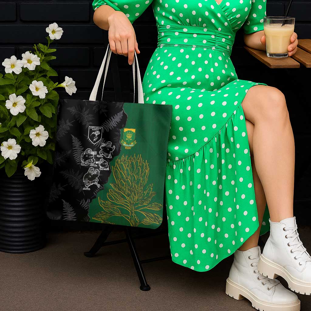 Aotearoa South Africa Rugby Freedom Cup Tote Bag Kiwi Warriors Haka with King Protea Symbol - Polynesian Pride
