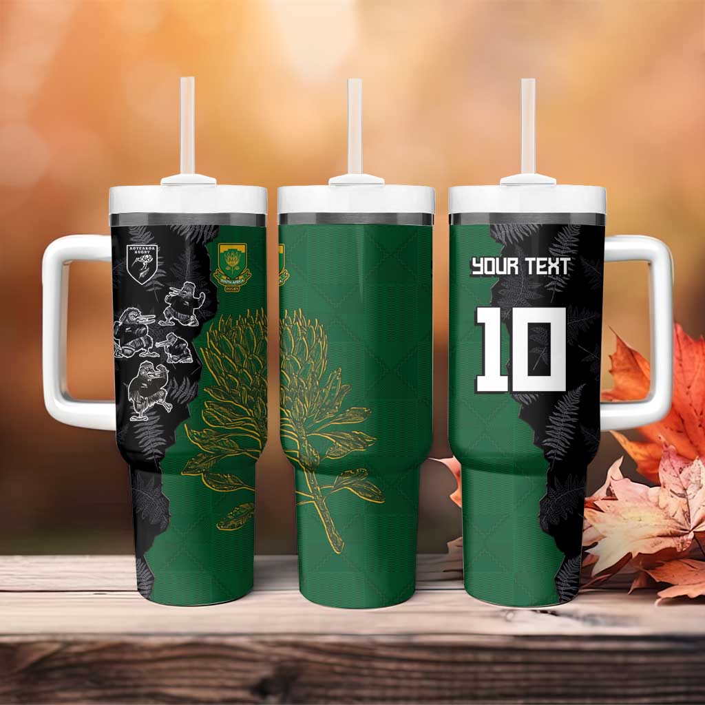 Custom Aotearoa South Africa Rugby Freedom Cup Tumbler With Handle Kiwi Warriors Haka with King Protea Symbol - Polynesian Pride