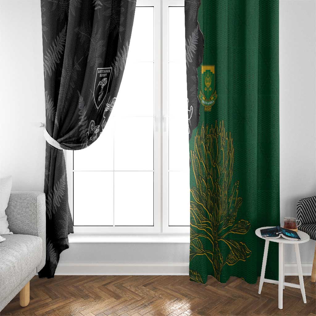 Aotearoa South Africa Rugby Freedom Cup Window Curtain Kiwi Warriors Haka with King Protea Symbol - Polynesian Pride