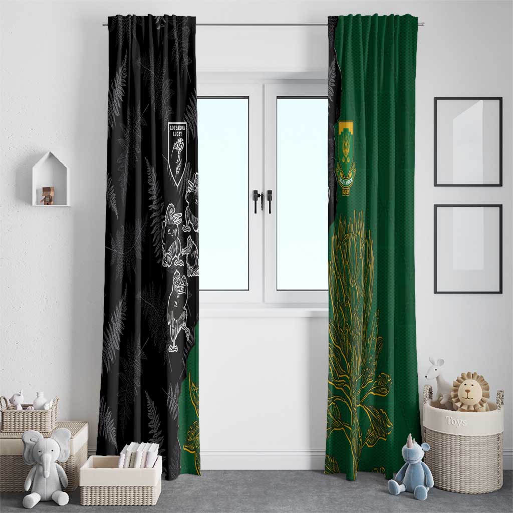 Aotearoa South Africa Rugby Freedom Cup Window Curtain Kiwi Warriors Haka with King Protea Symbol - Polynesian Pride