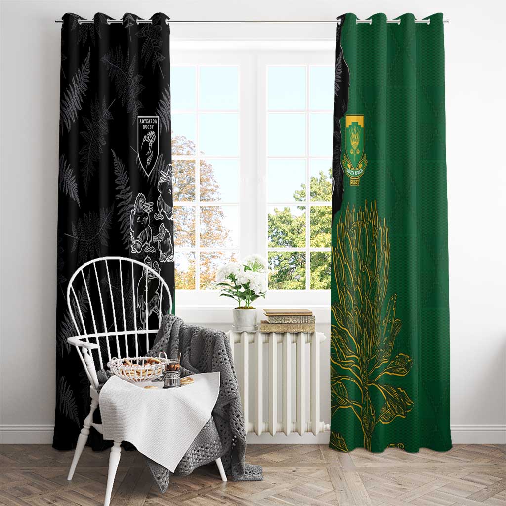 Aotearoa South Africa Rugby Freedom Cup Window Curtain Kiwi Warriors Haka with King Protea Symbol - Polynesian Pride