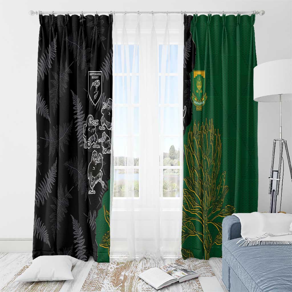 Aotearoa South Africa Rugby Freedom Cup Window Curtain Kiwi Warriors Haka with King Protea Symbol - Polynesian Pride