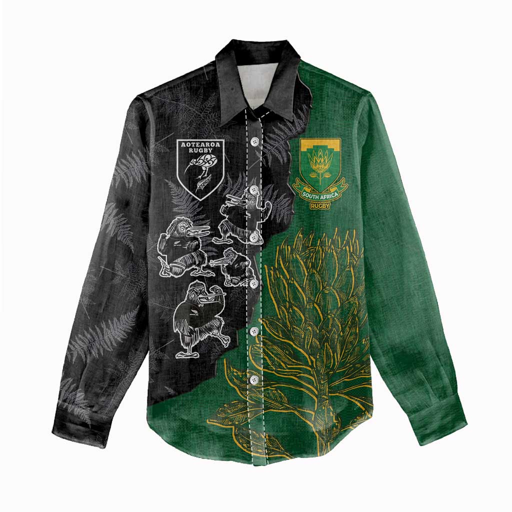 Custom Aotearoa South Africa Rugby Freedom Cup Women Casual Shirt Kiwi Warriors Haka with King Protea Symbol LT03 - Polynesian Pride