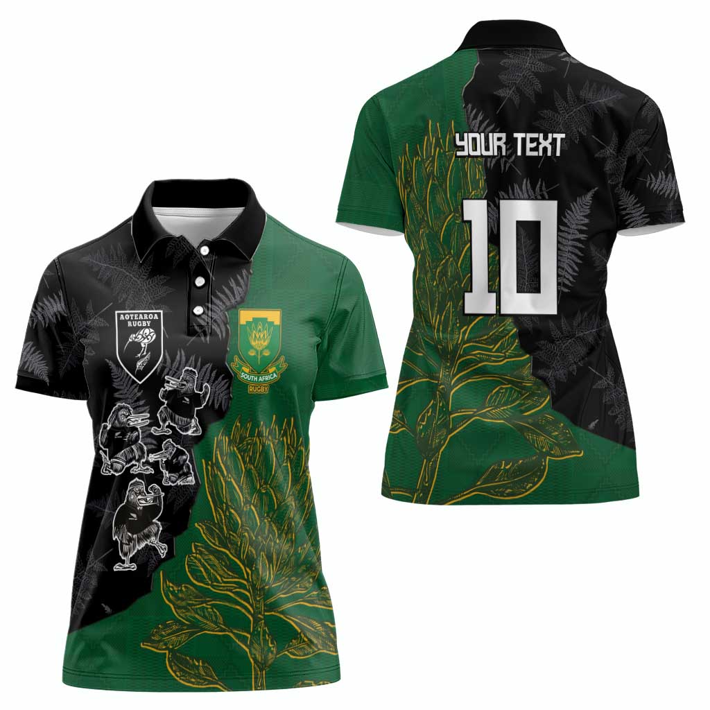 Custom Aotearoa South Africa Rugby Freedom Cup Women Polo Shirt Kiwi Warriors Haka with King Protea Symbol LT03 - Polynesian Pride