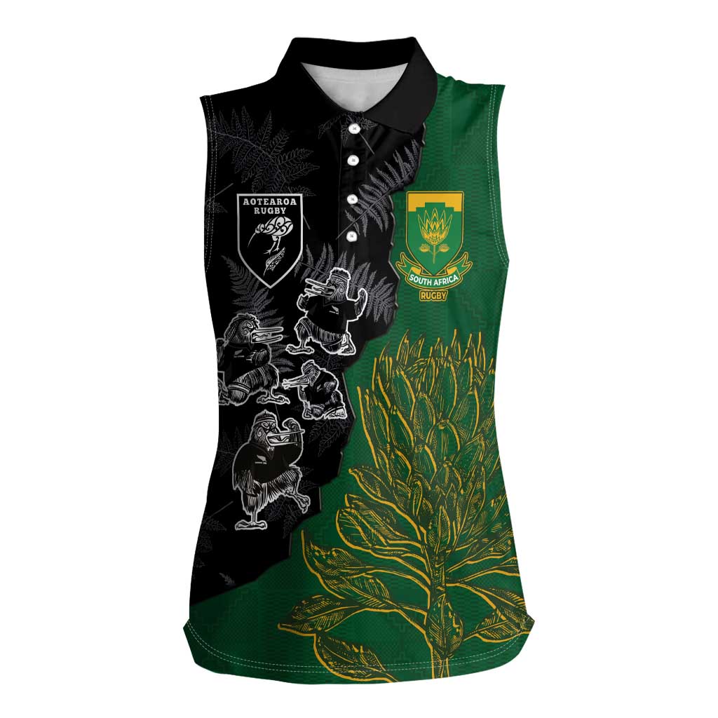 Custom Aotearoa South Africa Rugby Freedom Cup Women Sleeveless Polo Shirt Kiwi Warriors Haka with King Protea Symbol LT03 Female Green - Polynesian Pride