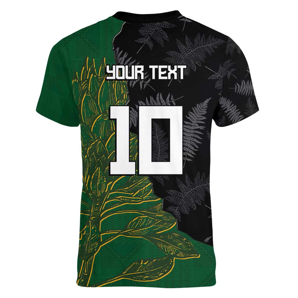 Custom Aotearoa South Africa Rugby Freedom Cup Women V-Neck T-Shirt Kiwi Warriors Haka with King Protea Symbol LT03 - Polynesian Pride