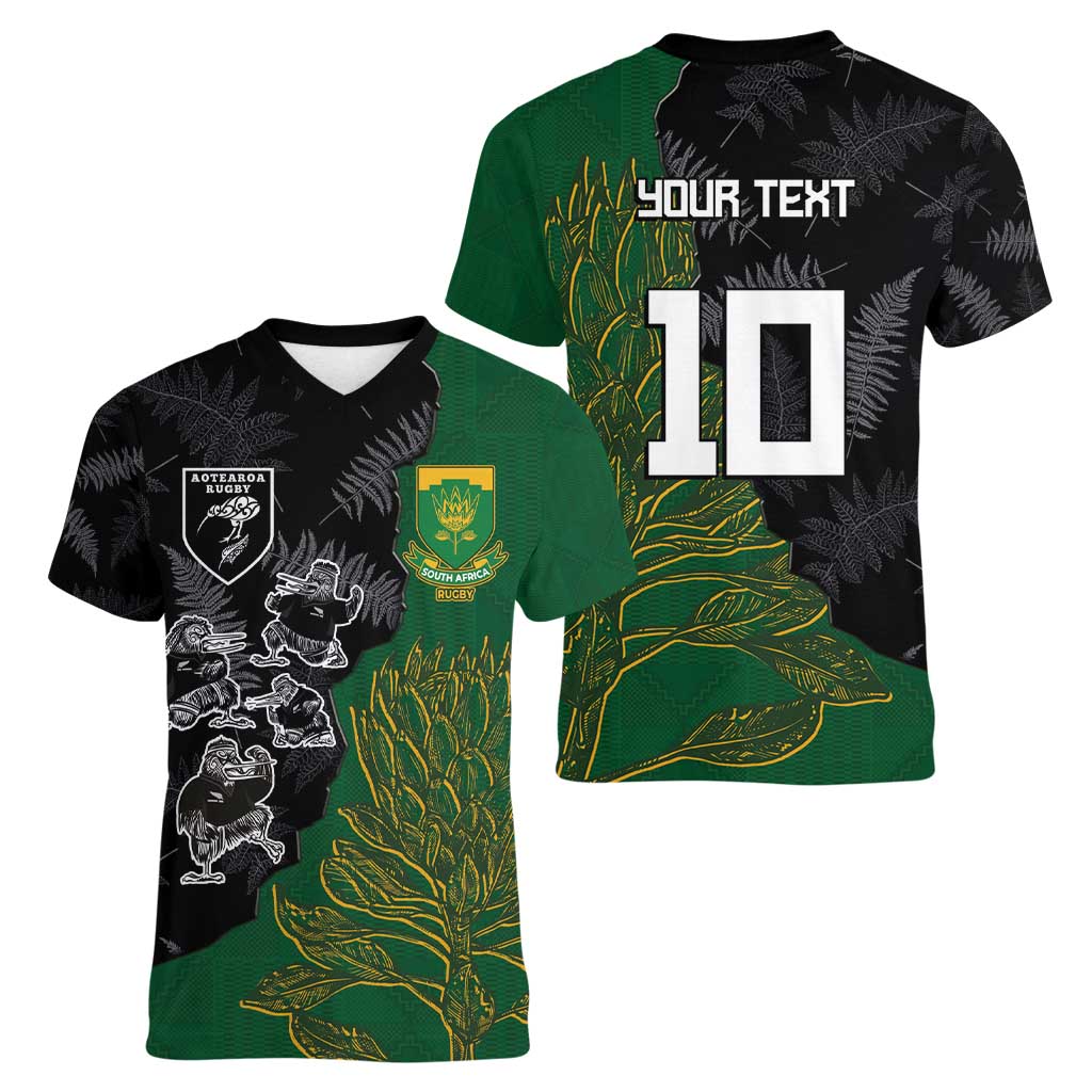 Custom Aotearoa South Africa Rugby Freedom Cup Women V-Neck T-Shirt Kiwi Warriors Haka with King Protea Symbol LT03 - Polynesian Pride