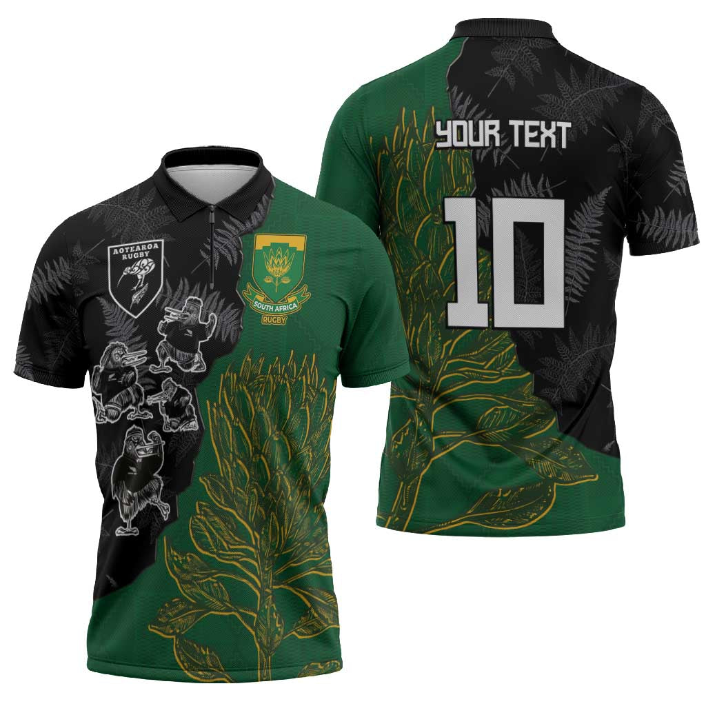 Custom Aotearoa South Africa Rugby Freedom Cup Zipper Polo Shirt Kiwi Warriors Haka with King Protea Symbol - Polynesian Pride