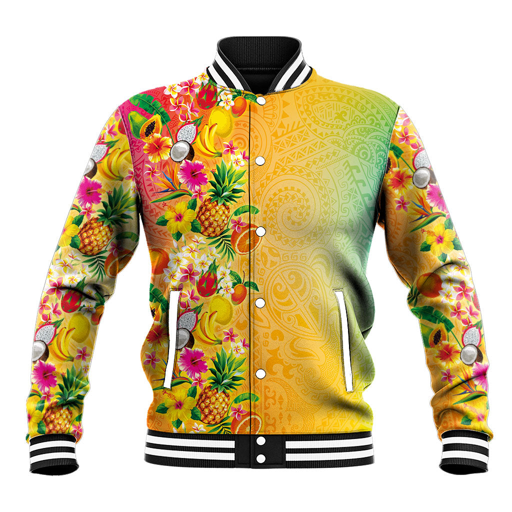 Hawaiian Tropical Fruits and Plants Baseball Jacket Kakau Pattern Summer Vibe LT03 Unisex Multicolor - Polynesian Pride