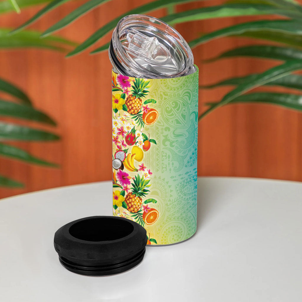Hawaiian Tropical Fruits and Plants 4 in 1 Can Cooler Tumbler Kakau Pattern Summer Vibe