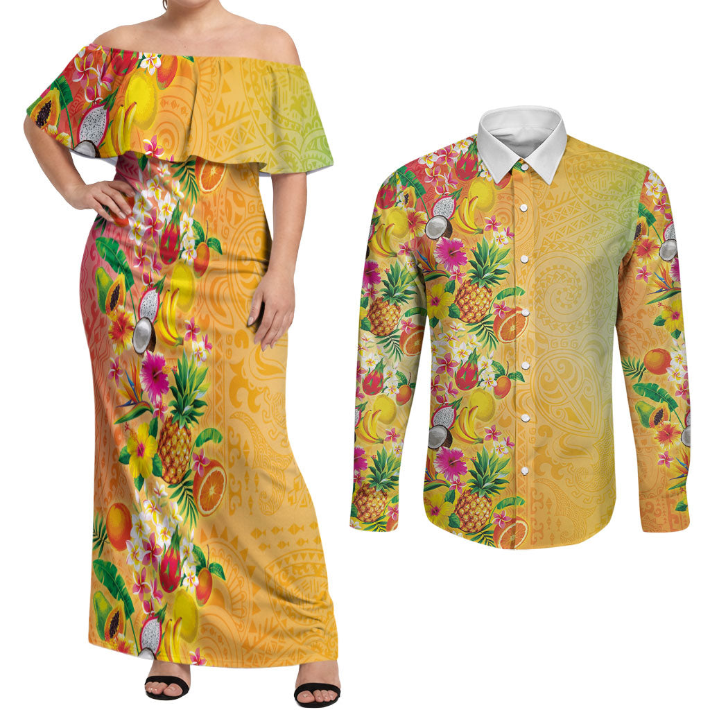 Hawaiian Tropical Fruits and Plants Couples Matching Off Shoulder Maxi Dress and Long Sleeve Button Shirt Kakau Pattern Summer Vibe LT03 Multicolor - Polynesian Pride