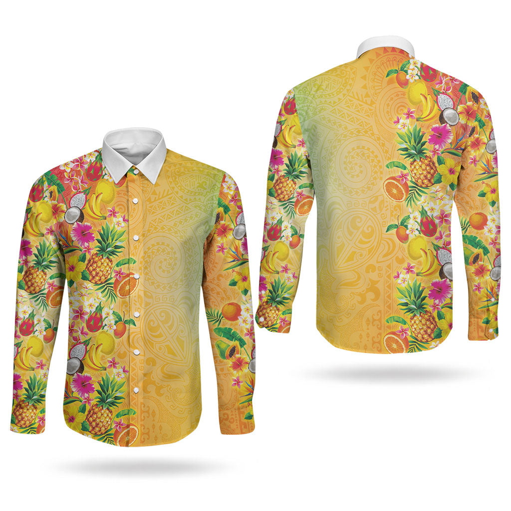 Hawaiian Tropical Fruits and Plants Couples Matching Off Shoulder Short Dress and Long Sleeve Button Shirt Kakau Pattern Summer Vibe